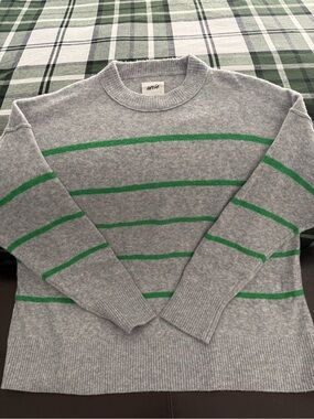 aerie Men's Gray Crewneck Sweater with Green Stripes